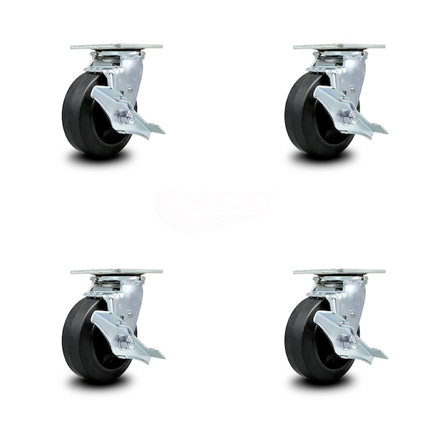 5 Inch Rubber on Steel Swivel Caster Set with Ball Bearings and Brakes SCC